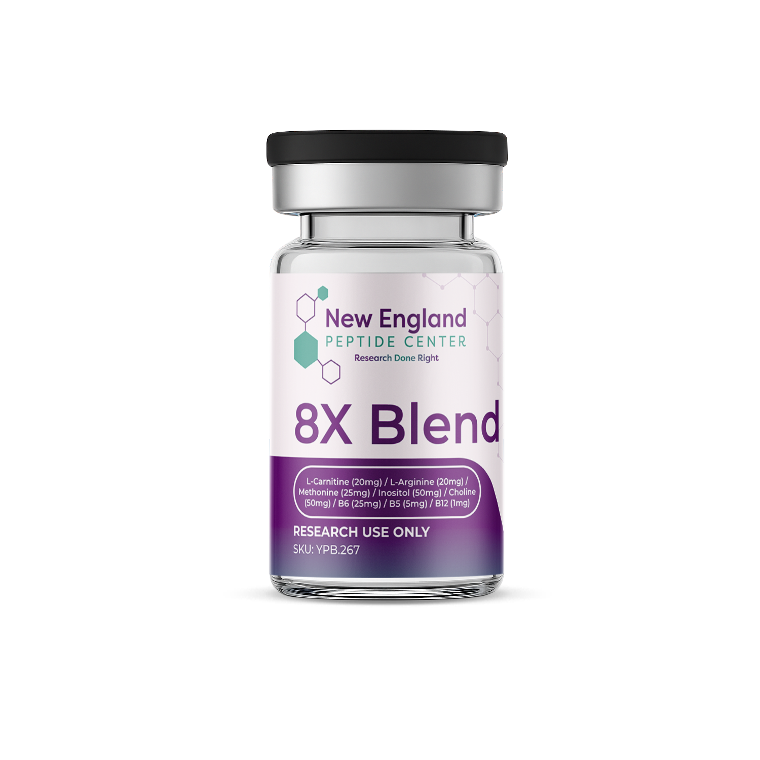 8X Blend L-Carnitine (20mg) / L-Arginine (20mg) / Methonine (25mg) / Inositol (50mg) / Choline (50mg) / B6 (25mg) / B5 (5mg) / B12 (1mg)